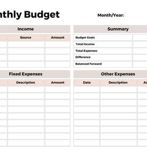 May include: A white monthly budget planner template featuring black text and light brown headers. Sections include Income, Summary, Fixed Expenses, and Other Expenses, each with columns for Date, Source, Description, and Amount. The top reads Monthly Budget.