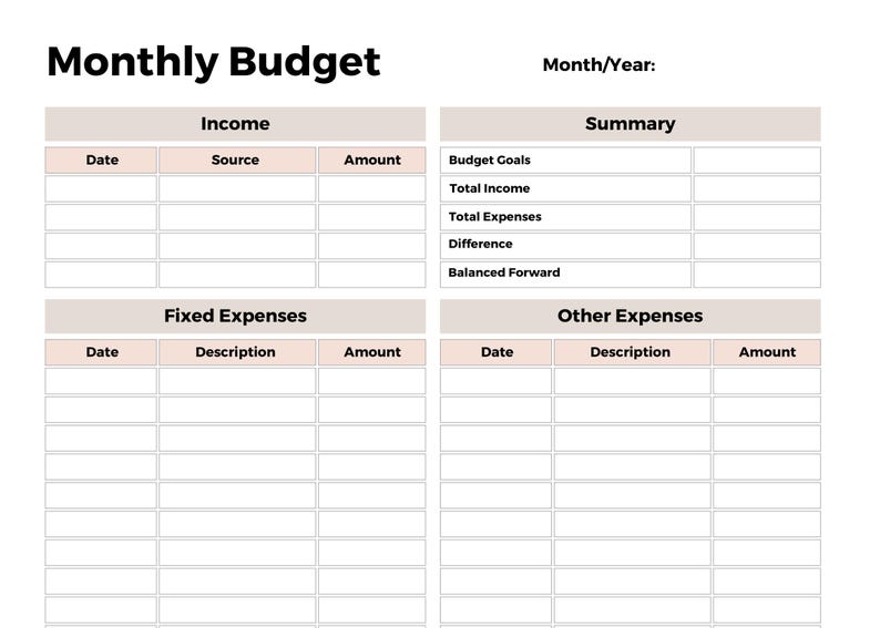 May include: A white monthly budget planner template featuring black text and light brown headers. Sections include Income, Summary, Fixed Expenses, and Other Expenses, each with columns for Date, Source, Description, and Amount. The top reads Monthly Budget.