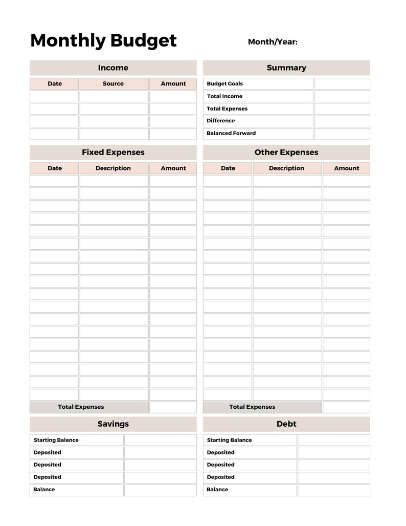May include: A Monthly Budget planner sheet with sections for Income, Summary, Fixed Expenses, Other Expenses, Savings, and Debt. The layout features tables with headers for Date, Source, Description, and Amount, printed in black text on a white background.