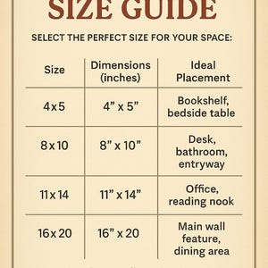 May include: A size guide for fruit prints, with dimensions in inches. The guide includes sizes 4x5, 8x10, 11x14, and 16x20, with suggested placements like bookshelves and dining areas. The text "FRUIT PRINT SIZE GUIDE" is at the top.