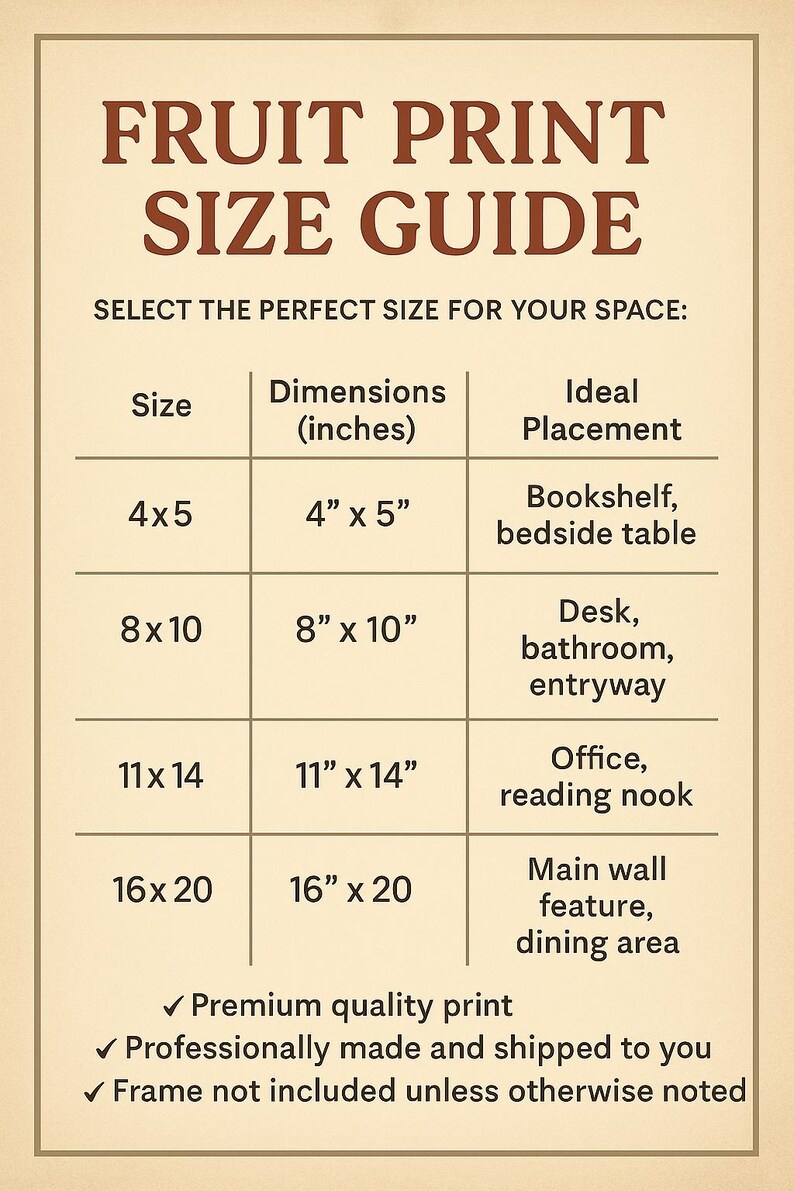 May include: A size guide for fruit prints, with dimensions in inches. The guide includes sizes 4x5, 8x10, 11x14, and 16x20, with suggested placements like bookshelves and dining areas. The text "FRUIT PRINT SIZE GUIDE" is at the top.