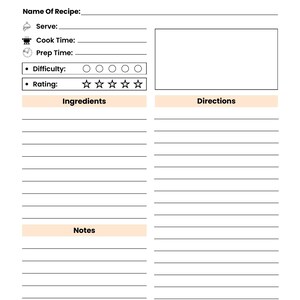 Actual Recipe Journal page with recipe name, servings, cook and prep time, difficulty, rating, ingredients, directions and notes.