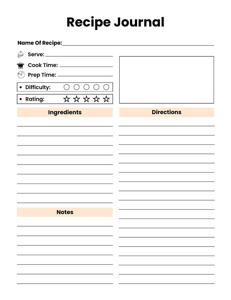 Actual Recipe Journal page with recipe name, servings, cook and prep time, difficulty, rating, ingredients, directions and notes.