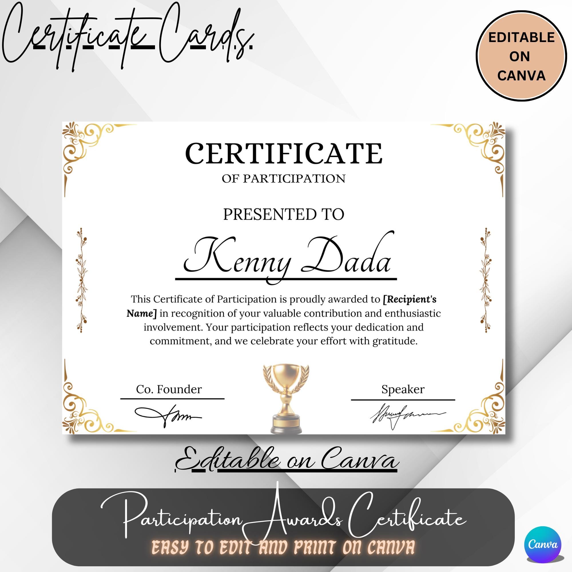 Participation Certificate, Editable Canva Template, Premium Content Required listing preview