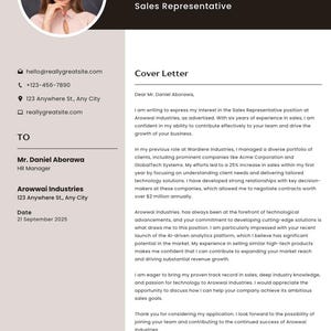 May include: A cover letter for a Sales Representative position at Arowwai Industries. The letter highlights the candidate's six years of experience in sales, their ability to contribute effectively to a team, and their success in negotiating contracts worth over $2 million annually. The letter also mentions the candidate's interest in Arowwai Industries' commitment to developing cutting-edge solutions and their recent launch of an AI-driven analytics platform.