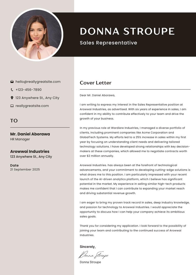May include: A cover letter for a Sales Representative position at Arowwai Industries. The letter highlights the candidate's six years of experience in sales, their ability to contribute effectively to a team, and their success in negotiating contracts worth over $2 million annually. The letter also mentions the candidate's interest in Arowwai Industries' commitment to developing cutting-edge solutions and their recent launch of an AI-driven analytics platform.