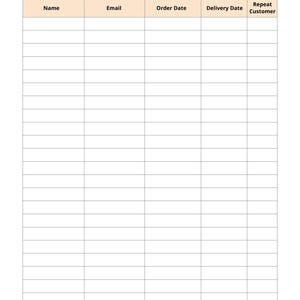 May include: A printable customer tracker document with the title Customer Tracker at the top. It features a table with five columns labeled Name, Email, Order Date, Delivery Date, and Repeat Customer, with rows for recording information.