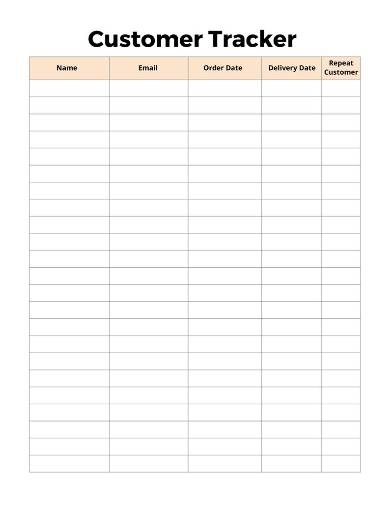 May include: A printable customer tracker document with the title Customer Tracker at the top. It features a table with five columns labeled Name, Email, Order Date, Delivery Date, and Repeat Customer, with rows for recording information.
