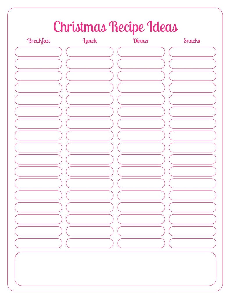 Actual Christmas Recipe Ideas worksheet with Breakfast, Lunch, Dinner and Snacks columns of blank writing boxes and a larger blank area below. No recipes are filled in.