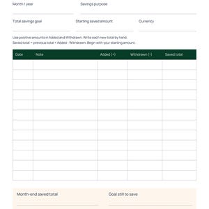Actual A4 version of the Printable Pear monthly savings tracker. The same undated worksheet includes goal fields, money added or withdrawn, a running total and month-end review.