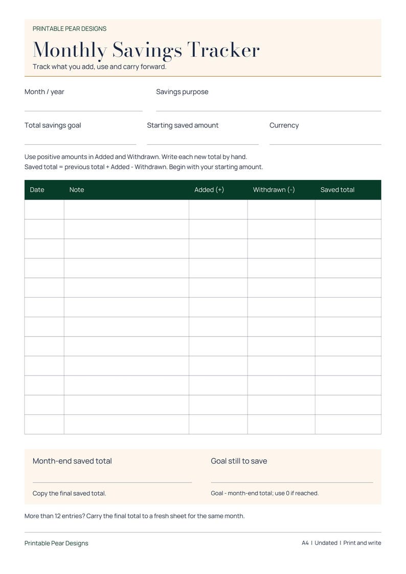 Actual A4 version of the Printable Pear monthly savings tracker. The same undated worksheet includes goal fields, money added or withdrawn, a running total and month-end review.