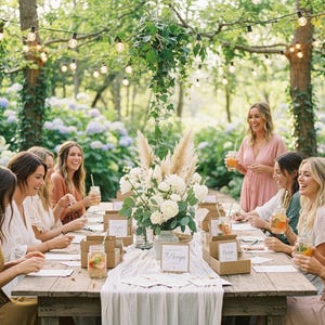 May include: An outdoor gathering with a long wooden table set for a celebration. A floral centerpiece of white roses and pampas grass adorns the table. Guests are seated, enjoying drinks, with string lights overhead, creating a festive atmosphere.