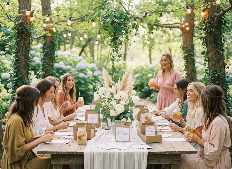 May include: An outdoor gathering with a long wooden table set for a celebration. A floral centerpiece of white roses and pampas grass adorns the table. Guests are seated, enjoying drinks, with string lights overhead, creating a festive atmosphere.