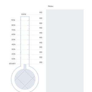 Może przedstawiać: Biały wykres celu odchudzania z napisem "WEIGHT LOSS GOAL" na g&oacute;rze. Wykres zawiera grafikę w stylu termometru z procentami od 10% do 100% oraz miejsce na notatki. Pomiary są w KG.