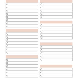Op de afbeelding: Een afdrukbaar paklijstsjabloon met de titel Packing List in zwarte tekst bovenaan. Het document bevat twee kolommen met georganiseerde secties met lichtroze kopbalken en meerdere witte rijen, elk voorzien van een rond selectievakje.