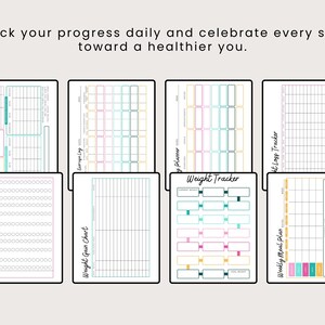 May include: A collection of printable fitness trackers and planners. The image includes a workout log, exercise log, weight lifting chart, weight gain chart, weight tracker, weight loss tracker, and weekly meal plan. The text at the top says, "Track your progress daily and celebrate every step toward a healthier you."