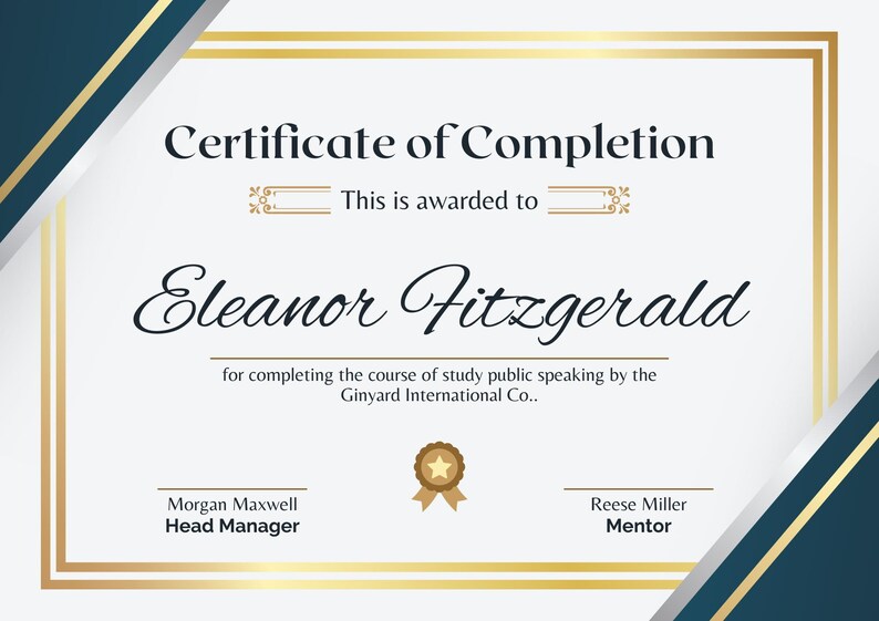 May include: A certificate of completion awarded to Eleanor Fitzgerald for completing a public speaking course by the Ginyard International Co. The certificate has a gold border and a blue and silver ribbon design.
