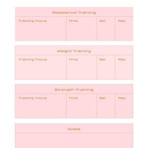 May include: A digital fitness planner page with a white background and light pink sections. The header reads Fitness Planner with a month selection bar. It includes tables for Resistance Training, Weight Training, Strength Training, and a Notes section.