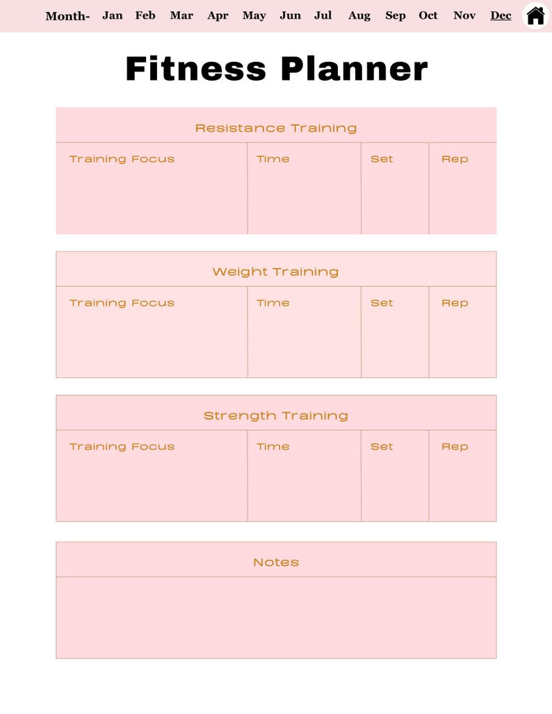 May include: A digital fitness planner page with a white background and light pink sections. The header reads Fitness Planner with a month selection bar. It includes tables for Resistance Training, Weight Training, Strength Training, and a Notes section.