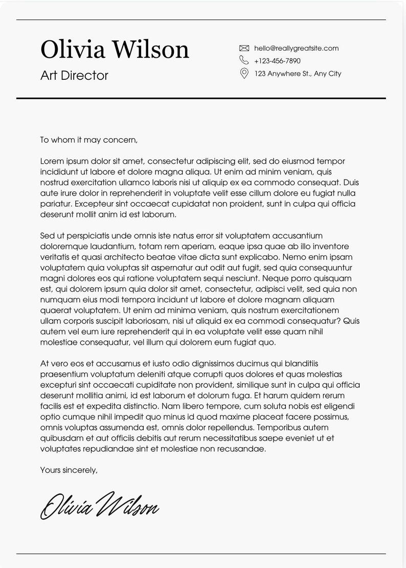 May include: A black and white resume with the name Olivia Wilson and the title Art Director. The resume includes contact information, a professional summary, and work experience.