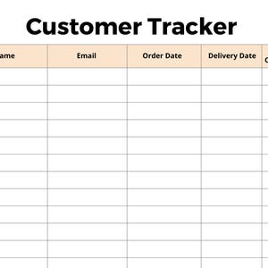 May include: A printable Customer Tracker document featuring a grid with five columns labeled Name, Email, Order Date, Delivery Date, and Repeat Customer. The header row has a light peach background, and the grid contains fifteen blank rows.