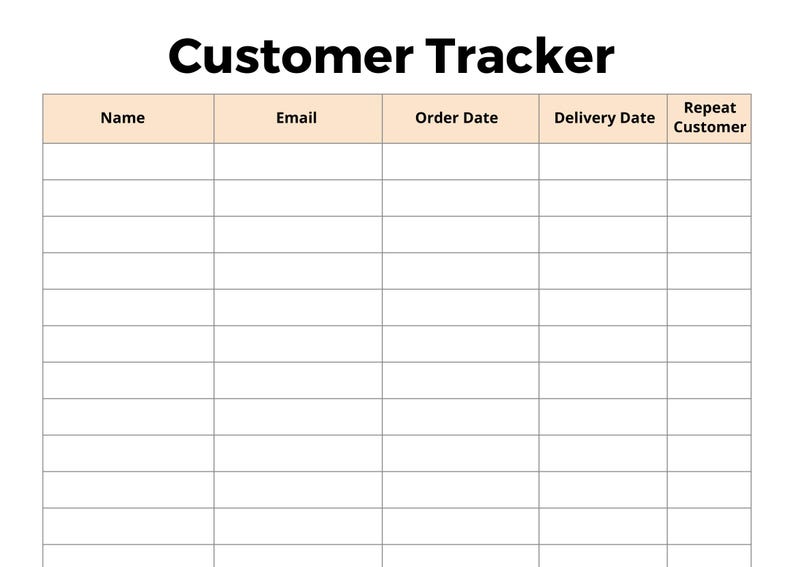 May include: A printable Customer Tracker document featuring a grid with five columns labeled Name, Email, Order Date, Delivery Date, and Repeat Customer. The header row has a light peach background, and the grid contains fifteen blank rows.