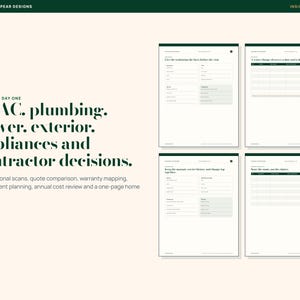 Puede incluir: Un conjunto de planificadores digitales de mantenimiento del hogar de Printable Pear Designs con cuatro p&aacute;ginas distintas que incluyen formularios para HVAC, fontaner&iacute;a, electricidad, exterior, electrodom&eacute;sticos y decisiones de contratistas.