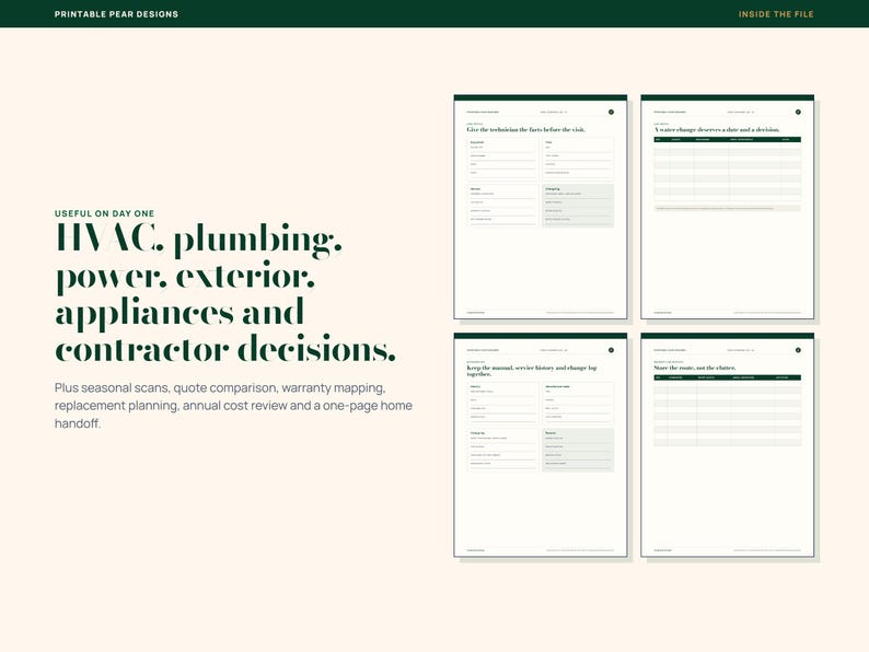 Puede incluir: Un conjunto de planificadores digitales de mantenimiento del hogar de Printable Pear Designs con cuatro p&aacute;ginas distintas que incluyen formularios para HVAC, fontaner&iacute;a, electricidad, exterior, electrodom&eacute;sticos y decisiones de contratistas.