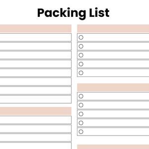 Op de afbeelding: Een afdrukbaar paklijstsjabloon met de vetgedrukte zwarte tekst Packing List bovenaan. De lay-out bevat meerdere secties met lichtperzikkleurige koppen, elk met verschillende horizontale lijnen met ronde selectievakjes voor inventarisatie.