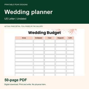 May include: A digital wedding planner page titled Wedding Budget with a table featuring columns for Item, Estimate, Cost, Deposit, and Left. The design includes soft pink floral accents at the top right corner on a white background.