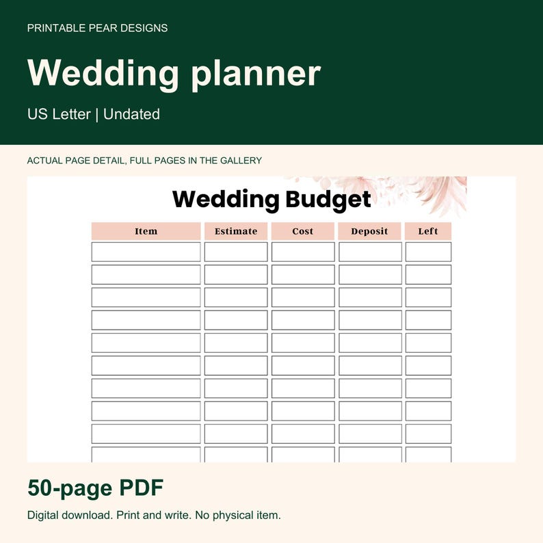May include: A digital wedding planner page titled Wedding Budget with a table featuring columns for Item, Estimate, Cost, Deposit, and Left. The design includes soft pink floral accents at the top right corner on a white background.