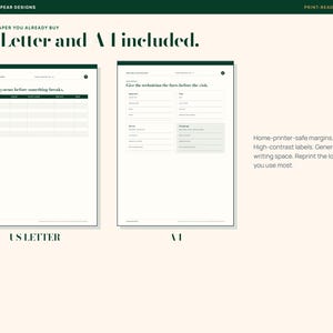 Puede incluir: Dos plantillas de documentos imprimibles en tama&ntilde;os US Letter y A4. Las p&aacute;ginas presentan encabezados de color verde oscuro, etiquetas de alto contraste y secciones organizadas para registros de mantenimiento. El texto incluye 'US Letter and A4 included', 'Map the systems before something breaks' y 'Give the technician the facts before the visit'.