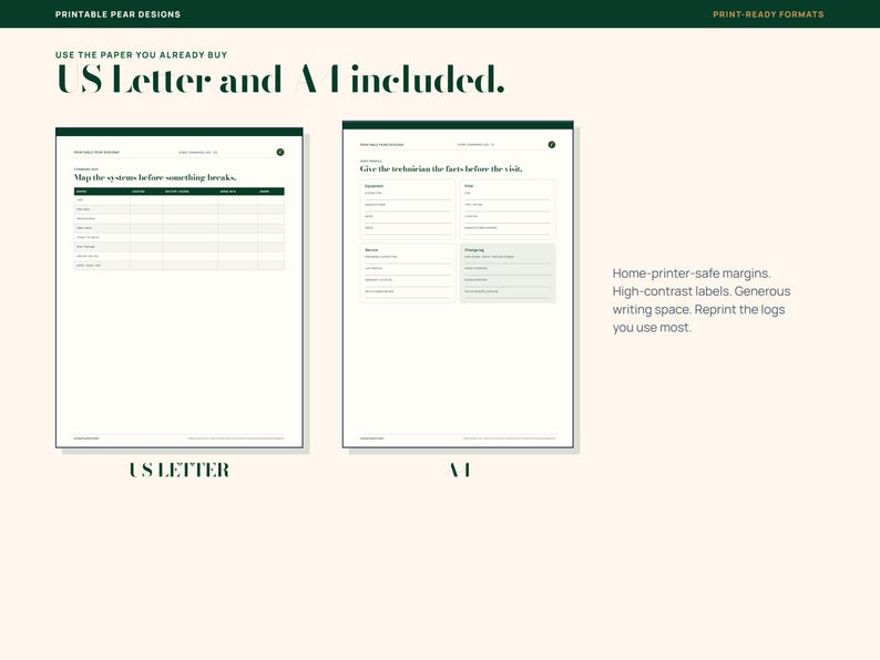 Puede incluir: Dos plantillas de documentos imprimibles en tama&ntilde;os US Letter y A4. Las p&aacute;ginas presentan encabezados de color verde oscuro, etiquetas de alto contraste y secciones organizadas para registros de mantenimiento. El texto incluye 'US Letter and A4 included', 'Map the systems before something breaks' y 'Give the technician the facts before the visit'.