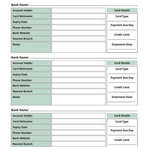 Actual Credit Cards worksheet from the included PDF. Three sections include Account Holder, Card Nickname, Expiry Date, contact details, Card Type, Payment Due Day, Credit Limit, and Statement Date.