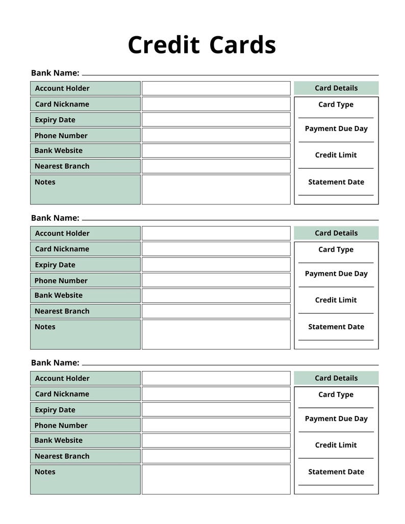 Actual Credit Cards worksheet from the included PDF. Three sections include Account Holder, Card Nickname, Expiry Date, contact details, Card Type, Payment Due Day, Credit Limit, and Statement Date.