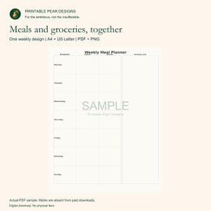 May include: A digital weekly meal planner template featuring a grid layout with columns for breakfast, lunch, dinner, and a grocery list. The document includes days of the week from Monday to Sunday, available in A4 and US Letter sizes as a PDF and PNG.