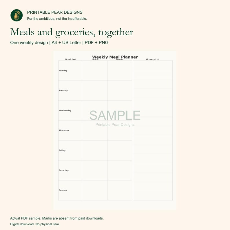 May include: A digital weekly meal planner template featuring a grid layout with columns for breakfast, lunch, dinner, and a grocery list. The document includes days of the week from Monday to Sunday, available in A4 and US Letter sizes as a PDF and PNG.