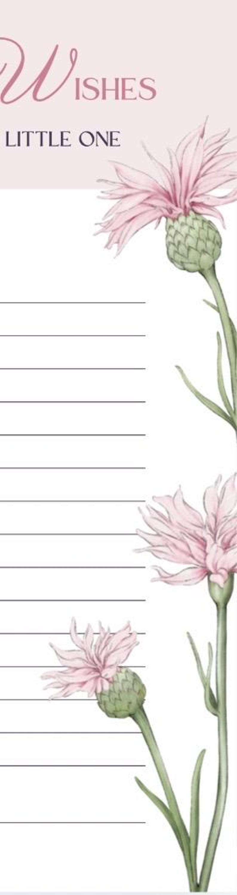 Pu&ograve; includere: Un biglietto stampabile con il testo "Wishes Little One" in alto. Il biglietto ha uno sfondo bianco con linee nere ed &egrave; decorato con fiori rosa.