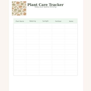 May include: A plant care tracker with a botanical design. The top left corner features a pattern of green, brown, and beige leaves. The title "Plant Care Tracker" is above a subtitle that reads "Keep your plants thriving."