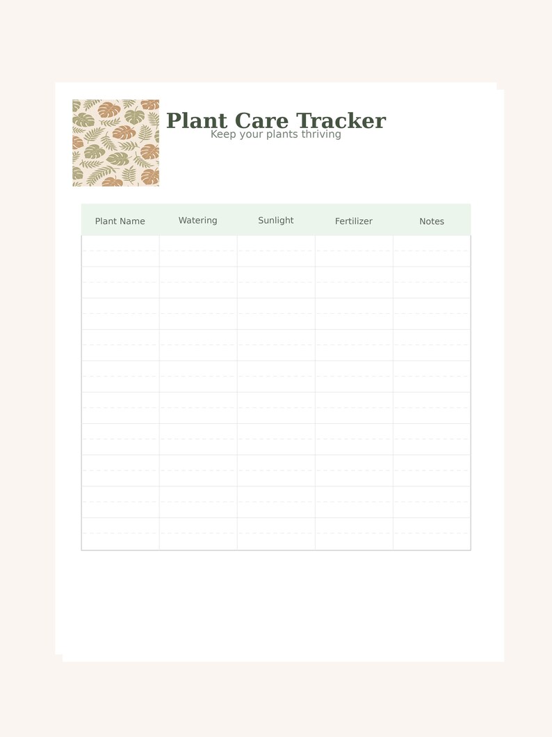 May include: A plant care tracker with a botanical design. The top left corner features a pattern of green, brown, and beige leaves. The title "Plant Care Tracker" is above a subtitle that reads "Keep your plants thriving."