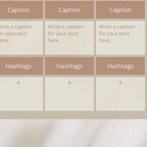 May include: A printable worksheet with seven columns for planning social media posts. Each column has a section for writing a caption and adding hashtags.