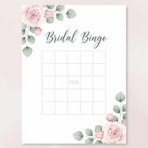 May include: A white Bridal Bingo card with a grid, the word "FREE" in the center, and the title "Bridal Bingo" in green script. The card is decorated with watercolor pink roses and green leaves in the corners.