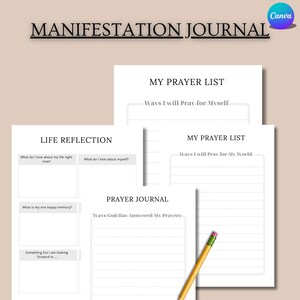 May include: A printable manifestation journal with sections for life reflection, prayer lists, and a prayer journal. The journal includes prompts for reflection and space to write down prayers.
