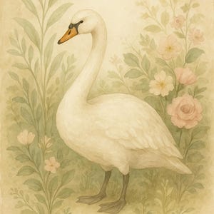 May include: A watercolour painting of a white swan with an orange beak and black eyes, set amongst soft green foliage and delicate pink flowers. The artwork has a vintage aesthetic, with a muted colour palette.