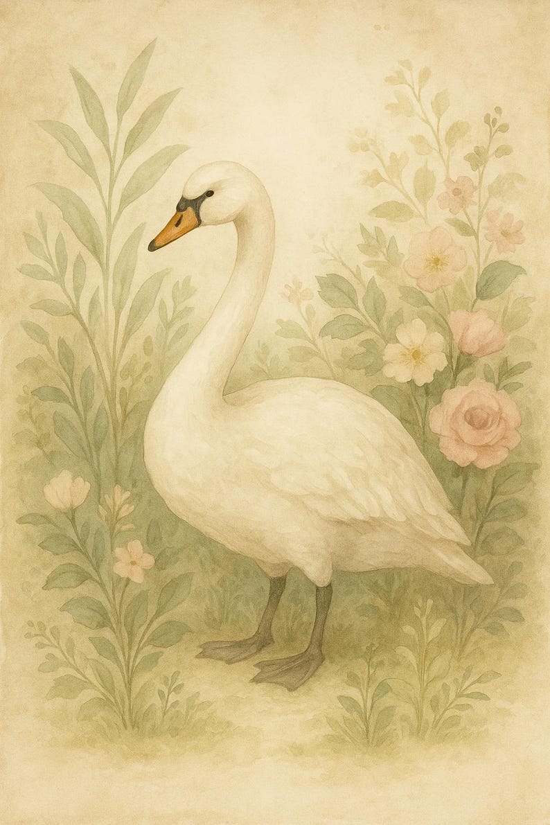 May include: A watercolour painting of a white swan with an orange beak and black eyes, set amongst soft green foliage and delicate pink flowers. The artwork has a vintage aesthetic, with a muted colour palette.