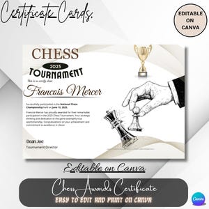 Certificate for Francois Mercer, recognizing his participation in the 2025 National Chess Championship held on June 15. It highlights his strategic thinking and commitment to sportsmanship in chess, signed by Tournament Director Dean Joe.