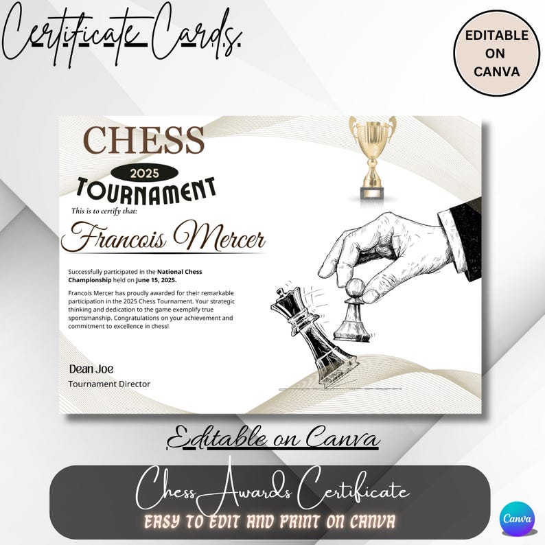 Certificate for Francois Mercer, recognizing his participation in the 2025 National Chess Championship held on June 15. It highlights his strategic thinking and commitment to sportsmanship in chess, signed by Tournament Director Dean Joe.
