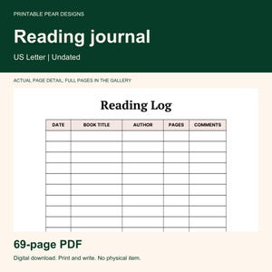 May include: A digital reading journal template featuring a Reading Log table with columns for Date, Book Title, Author, Pages, and Comments. The design includes the text Printable Pear Designs, Reading journal, US Letter, and Undated.