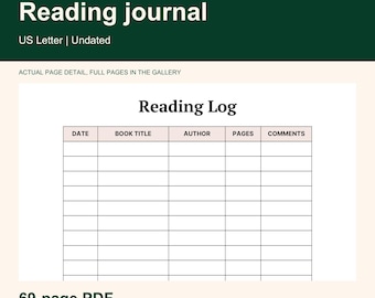 May include: A digital reading journal template featuring a Reading Log table with columns for Date, Book Title, Author, Pages, and Comments. The design includes the text Printable Pear Designs, Reading journal, US Letter, and Undated.