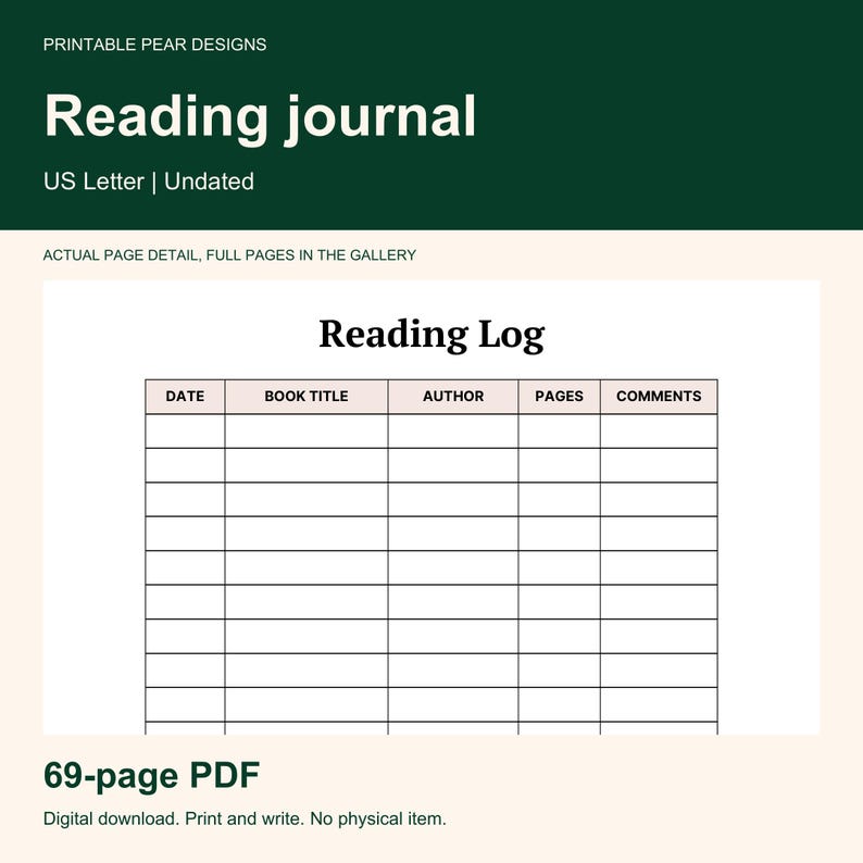 May include: A digital reading journal template featuring a Reading Log table with columns for Date, Book Title, Author, Pages, and Comments. The design includes the text Printable Pear Designs, Reading journal, US Letter, and Undated.